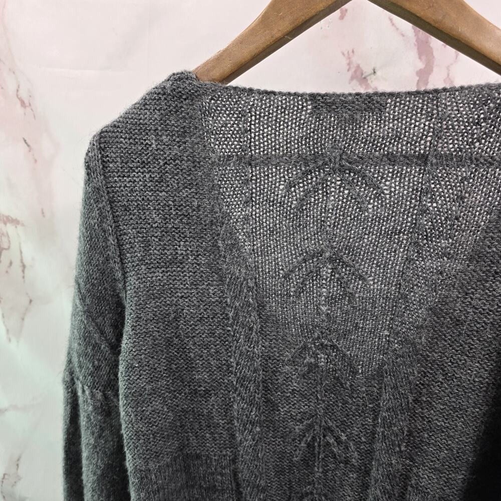 Garnet Hill Sweater Womens Small Gray Alpaca Wool V Balloon Sleeve Pointelle - Picture 6 of 10